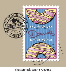 Vector postage set with donut and tea cup and teapot.