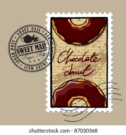 Vector postage set with donut and tea cup and teapot.