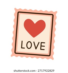 Sello postal de Vector con gran corazón rojo y texto de amor, borde ondulado. Detalle postal lindo para la carta de amor, día de San Valentín, saludo, correo romántico, o decoración en estilo plano.