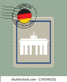 Vector postage stamp with Brandenburg Gate in Berlin. Postmark with German flag