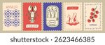 Vector postage stamp illustrations inspired by summer in Italy, Amalfi and Sicily. Features Mediterranean food like lobster, sardines, pears, and tomatoes — ideal for prints, posters, or placards.