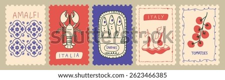 Vector postage stamp illustrations inspired by summer in Italy, Amalfi and Sicily. Features Mediterranean food like lobster, sardines, pears, and tomatoes — ideal for prints, posters, or placards.