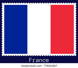 Vector postage stamp of a rectangular shape with the national flag of  France isolated on a dark blue background