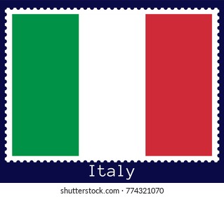 Vector postage stamp of a rectangular shape with the national flag of  Italy isolated on a dark blue background