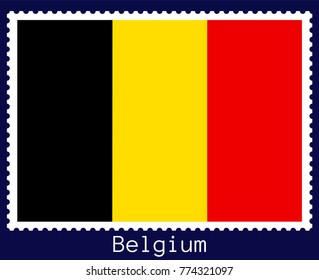 Vector postage stamp of a rectangular shape with the national flag of Belgium  isolated on a dark blue background