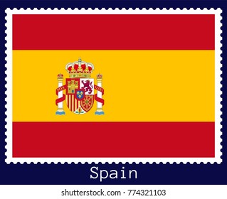 Vector postage stamp of a rectangular shape with the national flag of  Spain isolated on a dark blue background