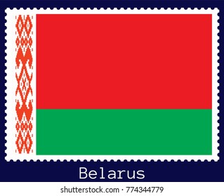 Vector postage stamp of a rectangular shape with the national flag of Belarus isolated on a dark blue background