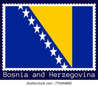 Vector postage stamp of a rectangular shape with the national flag of  Bosnia and Herzegovina isolated on a dark blue background