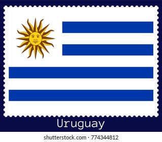 Vector postage stamp of a rectangular shape with the national flag of  Uruguay isolated on a dark blue background