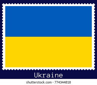 Vector postage stamp of a rectangular shape with the national flag of  Ukraine isolated on a dark blue background