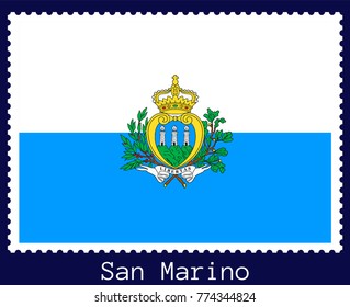 Vector postage stamp of a rectangular shape with the national flag of  San Marino isolated on a dark blue background