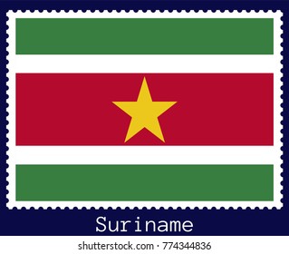 Vector postage stamp of a rectangular shape with the national flag of  Suriname isolated on a dark blue background