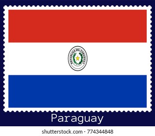 Vector postage stamp of a rectangular shape with the national flag of Paraguay isolated on a dark blue background
