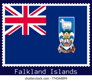 Vector postage stamp of a rectangular shape with the national flag of  Falkland Islands isolated on a dark blue background