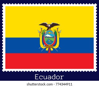 Vector postage stamp of a rectangular shape with the national flag of Ecuador  isolated on a dark blue background