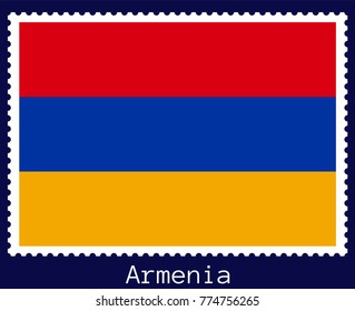 Vector postage stamp of a rectangular shape with the national flag of  Armenia isolated on a dark blue background