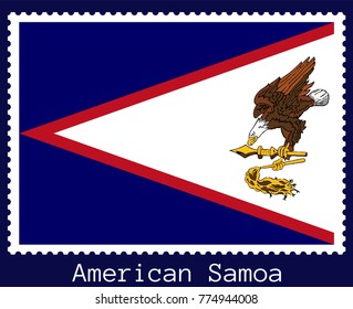 Vector postage stamp of a rectangular shape with the national flag of  American Samoa isolated on a dark blue background