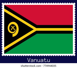 Vector postage stamp of a rectangular shape with the national flag of  Vanuatu isolated on a dark blue background