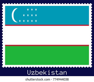 Vector postage stamp of a rectangular shape with the national flag of  Uzbekistan isolated on a dark blue background