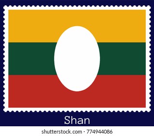 Vector postage stamp of a rectangular shape with the national flag of Shan state  isolated on a dark blue background