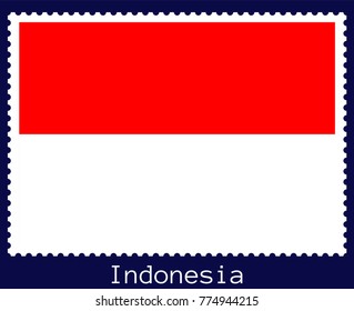 Vector postage stamp of a rectangular shape with the national flag of Indonesia  isolated on a dark blue background