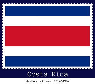 Vector postage stamp of a rectangular shape with the national flag of  Costa Rica isolated on a dark blue background