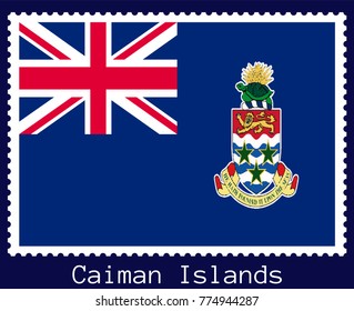 Vector postage stamp of a rectangular shape with the national flag of  Caiman Islands isolated on a dark blue background