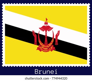 Vector postage stamp of a rectangular shape with the national flag of  Brunei isolated on a dark blue background