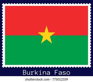 Vector postage stamp of a rectangular shape with the national flag of  Burkina Faso isolated on a dark blue background
