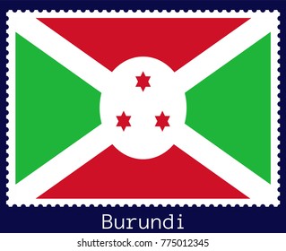 Vector postage stamp of a rectangular shape with the national flag of  Burundi isolated on a dark blue background
