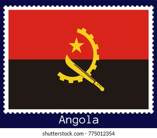 Vector postage stamp of a rectangular shape with the national flag of  Angola isolated on a dark blue background