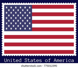 Vector postage stamp of a rectangular shape with the national flag of United States of America (USA) isolated on a dark blue background