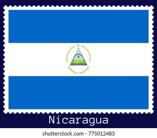 Vector postage stamp of a rectangular shape with the national flag of  Nicaragua isolated on a dark blue background