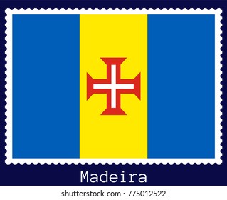 Vector postage stamp of a rectangular shape with the national flag of  Madeira isolated on a dark blue background