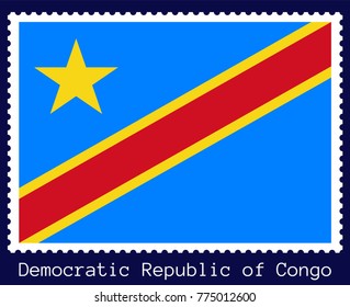 Vector postage stamp of a rectangular shape with the national flag of  Democratic Republic of Congo isolated on a dark blue background