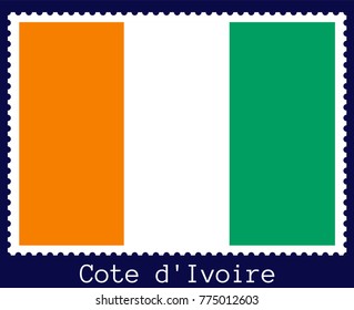 Vector postage stamp of a rectangular shape with the national flag of  Cote D'Ivoire isolated on a dark blue background