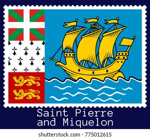 Vector postage stamp of a rectangular shape with the national flag of  Saint Pierre and Miquelon isolated on a dark blue background