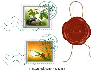 Vector. Postage stamp and wax seal. Protection of nature