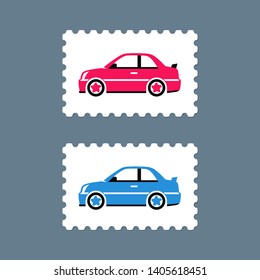Sellos vectores de franqueo con icono de coche. Ilustración del vector