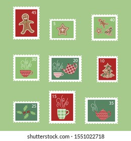 Vector Postage stamps for Christmas. Cute stamps with gingerbread cookies, teapots and teacups.