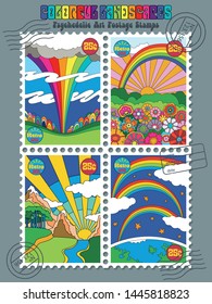 Vector Postage Stamps Colorful Landscapes, 1960s, 1970s Psychedelic Art Style 