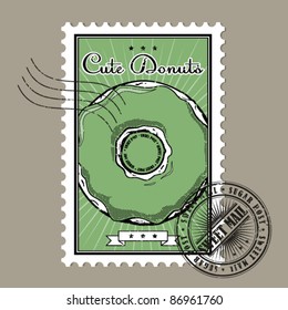 Vector postage stamps with donut in grunge-style.