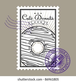 Vector postage stamps with donut in grunge-style.