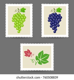 Sellos de correos vectores con iconos de racimo de uva
