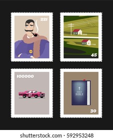 Vector postage stamps on black background. The man in the scarf. Landscape with small houses with red roof. Race car red. The biblical book blue