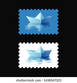 Vector postage stamps with origami boat on water. Vector illustration