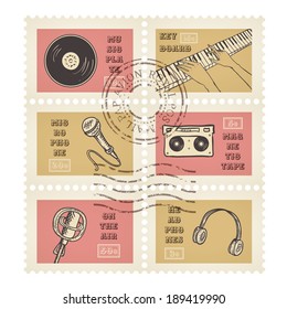 Vector postage stamps retro music equipment theme, canceled, decorative set for scrapbooking 