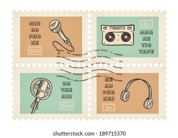 Vector postage stamps of retro music equipment theme, decorative set for scrapbooking - 4 separated elements