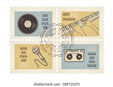 Vector postage stamps of retro music equipment theme, decorative set for scrapbooking - 4 separated elements