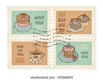 Vector postage stamps retro pastry theme, canceled, decorative set for scrapbooking